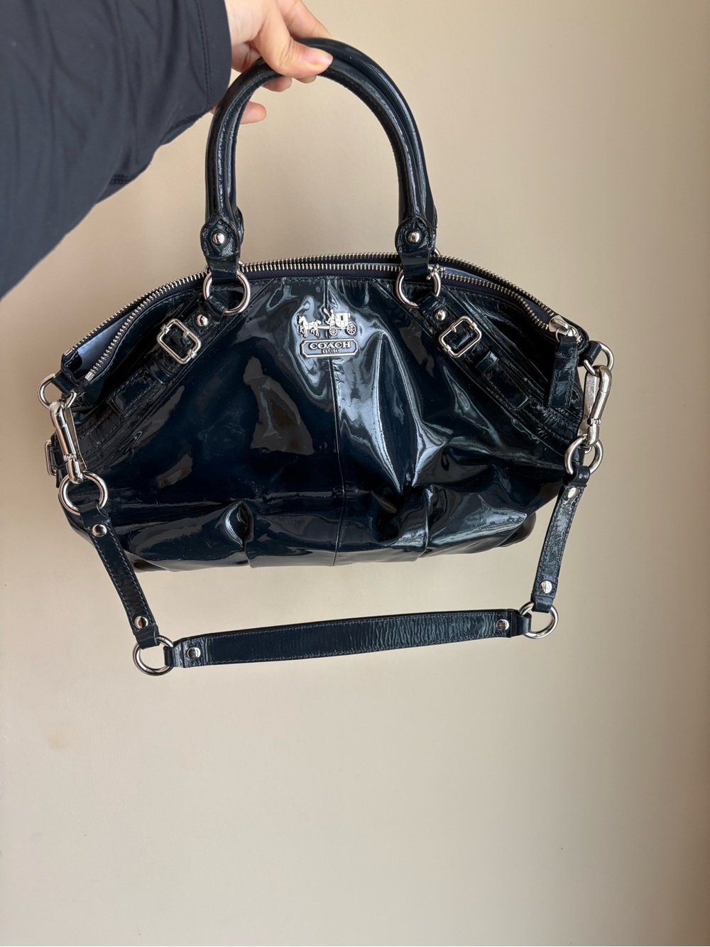 Vintage Coach Dark Navy Blue Patent Leather Satchel with Removable Strap